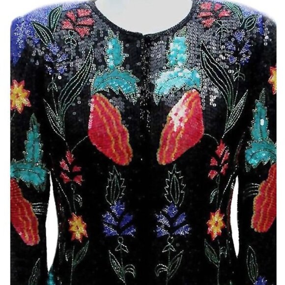Formal Beaded Jacket with Sequins / Floral Theme / 1980s - Fits Size Small